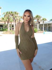 Zolique Damen Halter Solide Farbe Modische Kleid Mit Ärmelabdeckungen Set - Armeegrün - Übersicht 3