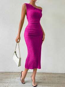 Rafferiza فستان صيفي ماكسي للنساء، لون كتلة، ياقة غير متماثلة، متجعد - روز أحمر - مشاهدة 3