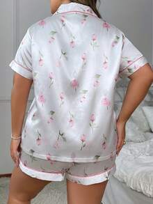 印花玫瑰加大碼仿絲睡衣套裝,適用於居家穿著 - 白色 - 查看 2