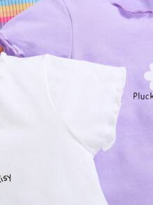 SHEIN 3pcs Baby Girl Casual Summer Striped And Flower Patterned Short Sleeve Top Set Of Three - Purple - View 4