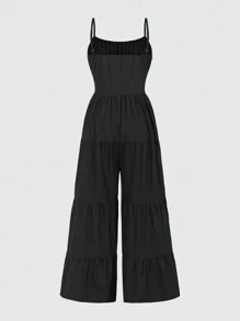 ROMWE Goth 休閒度假風格串珠吊帶背心和抽繩細部連身褲配喇叭褲 - 黑色 - 查看 2