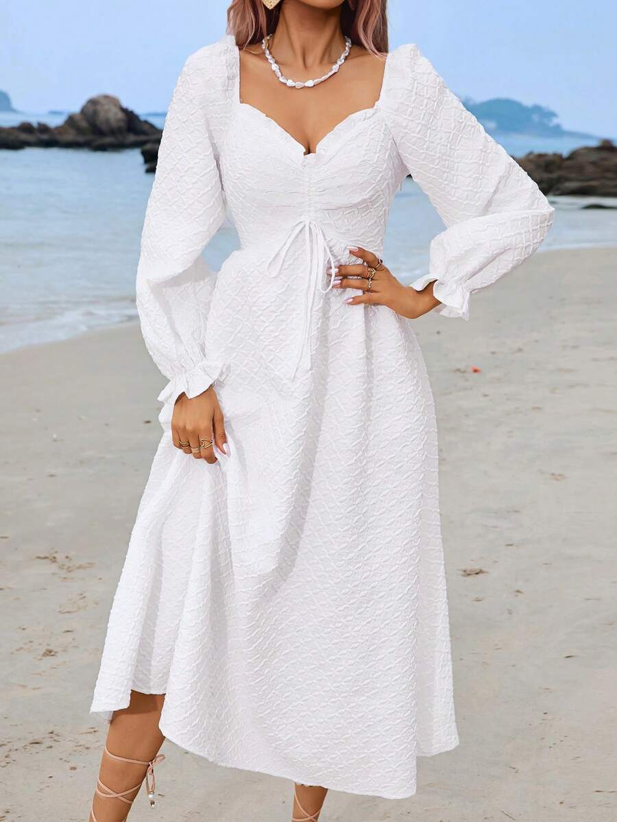 Seusyu Quý cô Màu thuần Người yêu Đường viền cổ áo Đầm Với dây rút & Ruffle Cắt tỉa Tay áo ngắn - trắng - Xem 1