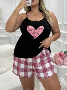 Plus Size Heart Print Camisole Top And Plaid Shorts Pajama Set For Summer - Black - View 6