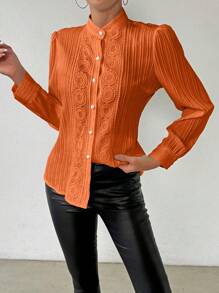 Rafferiza 女士質感與蕾絲拼接長袖襯衫 - 橘色 - 查看 4