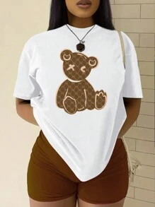 SHEIN 女式卡通熊印花 T 恤图案 T 恤女式上衣 - 白色 - 查看 1