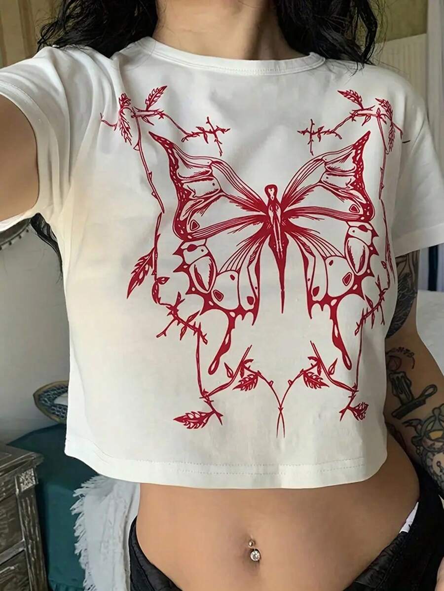 INAWLY 蝴蝶印花短款t恤 - 白色 - 查看 1
