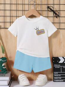 SHEIN Baby Boy's Letter & Crocodile Patterned Short Sleeve T-Shirt And Shorts Set - Blue - View 9