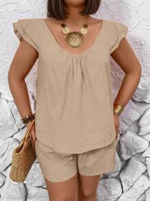 SHEIN LUNE Plus Size Solid Color Pleated Cap Sleeve Top And Shorts Set, Suitable For Summer - Khaki - View 3