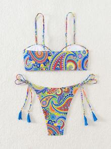 SHEIN Swim Bộ bikini dây mảnh họa tiết Paisley dành cho nữ có chi tiết thắt nút bên hông và dây đeo có thể điều chỉnh, quần in họa tiết, hoàn hảo cho kỳ nghỉ hè và lễ hội âm nhạc - Nhiều màu - Xem 4
