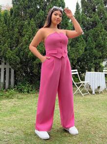 SHEIN EZwear Plus Size Monochromatic Strapless Buttoned Crop Top And Long Pants Set, Suitable For Summer - Hot Pink - View 5