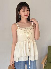 FRIFUL Designer 女式荷叶边下摆吊带娃娃装上衣 - 米色 - 查看 7