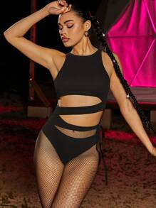 SHEIN Unity 镂空系带纯色圆领无袖性感紧身衣 - 黑色 - 查看 5