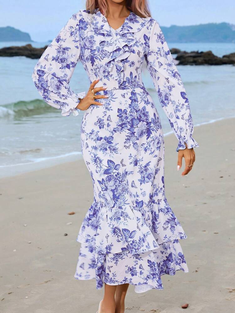 Women's Butterfly Printed Dress With Flounce Sleeves