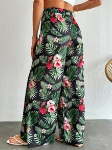 SHEIN Cottnline Tropical Print Botanical Floral Double Slit Wide Waistband Pants, Women Bohemia Style Summer Vacation Pants - Multicolor - View 2