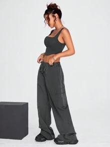 SHEIN X Antonella SHEIN Coolane Solid Crop Tank Top & Flap Pocket Cargo Trousers - Dark Grey - View 6