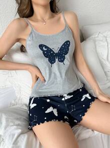 Conjunto De Pijama Para Mujer Decorado Con Lazo Impreso De Mariposas Y Cielo Estrellado