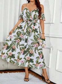 SHEIN Clasi Women's Plus Size Plant Printed Split Dress - White - View 6