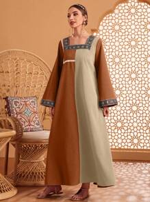 Al Najma Vestido De Manga Acampanada Decorado Con Cinta De Bloques De Color - Naranja - Ver 6
