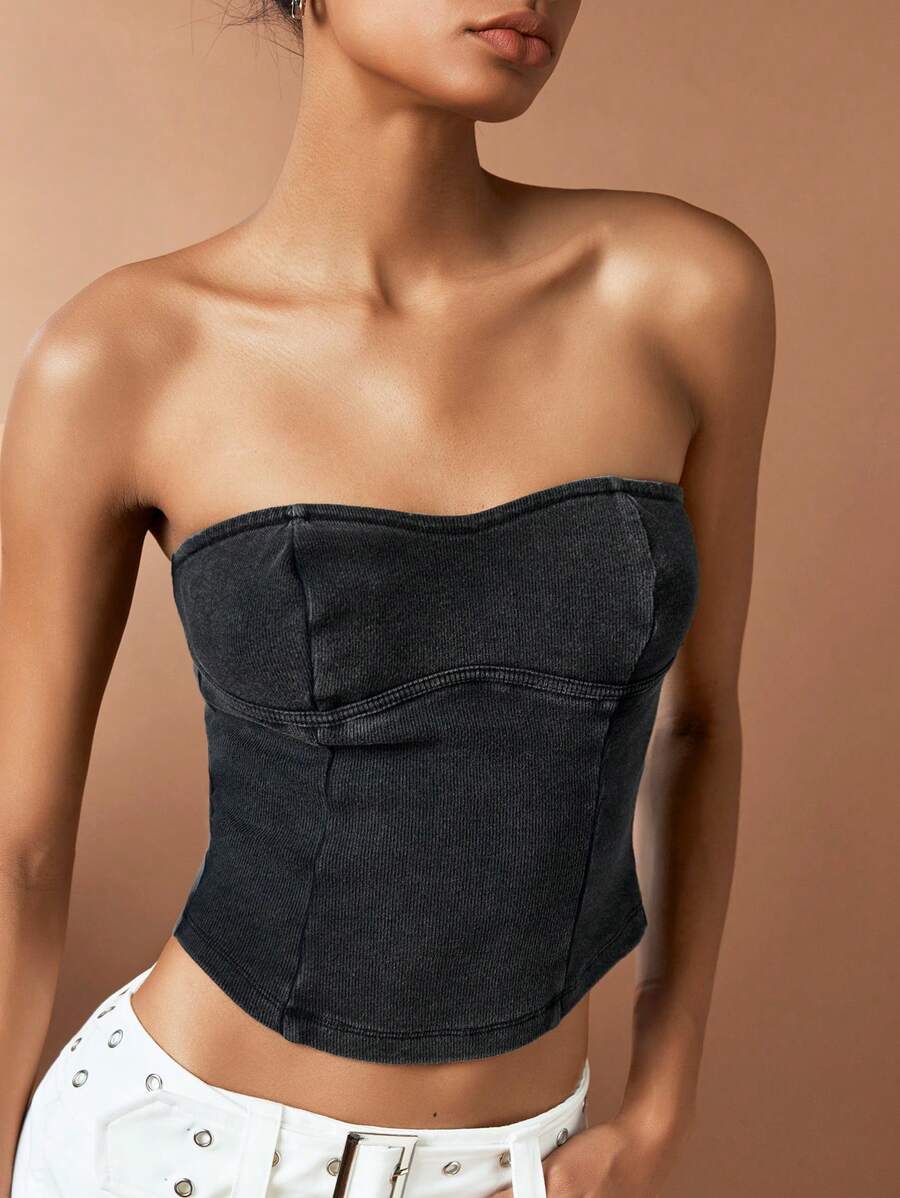 Forever 21 Vintage Ruffle Ribbed Acid-Washed Crop Top For Women - Grey - View 1