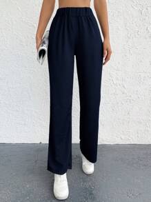 EURMUSE Ladies' Solid Color Casual Full Length Straight Pants - Navy Blue - View 4