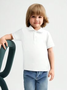 SHEIN Young Boy Solid Color Knitted Short Sleeve Polo Shirt With Turn-Down Collar