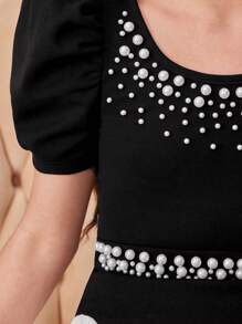 SHEIN Tween Girl Cute Faux Pearl Decor Round Neck Short Puff Sleeve T-Shirt - Black - View 5