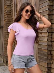 SHEIN LUNE 女士方領荷葉邊短袖t恤粉色上衣 - 淡紫色 - 查看 4