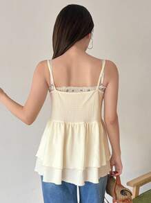 FRIFUL Designer 女式荷叶边下摆吊带娃娃装上衣 - 米色 - 查看 5