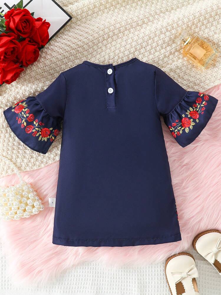 Baby Girl Bohemian Printed Rose Location Long Sleeve A-Line Dress With Bell Sleeves