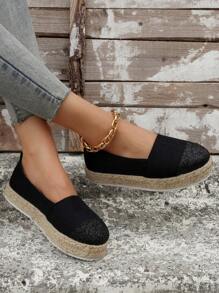 Women's Linen Casual Loafers With Thick Sole, Slip-On Fisherman Shoes - Black - View 3