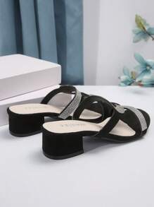 Women's High-Heeled Rhinestone Sandals, Chunky Heeled, Elegant And Sexy, Slip-On, Stylish Open-Toed High-Heeled Shoes Valentines - Black - View 5