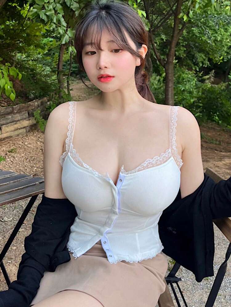 Women's Slim Fit Lace Splice Strappy White Corset Cami Top, Show Your Figure