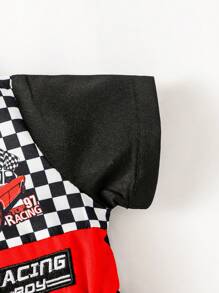 SHEIN 嬰兒男童迷你賽車手刺繡連身衣，立領設計，前拉鍊式，街頭風格，酷炫可愛時尚，適用於春夏季節 - 彩色 - 查看 3