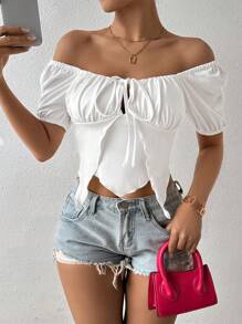 Zolique Áo thun nữ tay ngắn lệch vai màu trơn - trắng - Xem 3