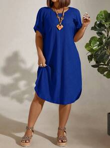 EMERY ROSE Plus Size Women's Solid Color Batwing Short Sleeve Loose Casual Dress With Round Neckline