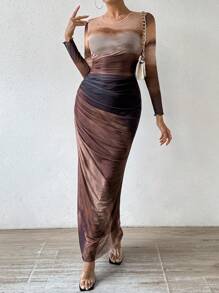 Chiquease Gradient Color Round Neck Pleated Long Sleeve Dress Maxi Women Outfit Fall Cloth For Women - Coffee Brown - View 6