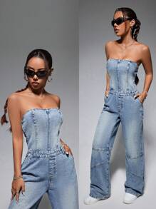 SHEIN ICON 女式休閒牛仔背帶工裝連身褲,帶口袋