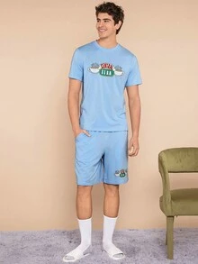 FRIENDS X SHEIN Men's Summer Central Perk Cafe Loose Casual Comfortable Homewear Pajamas Blue Set - Baby Blue - View 3