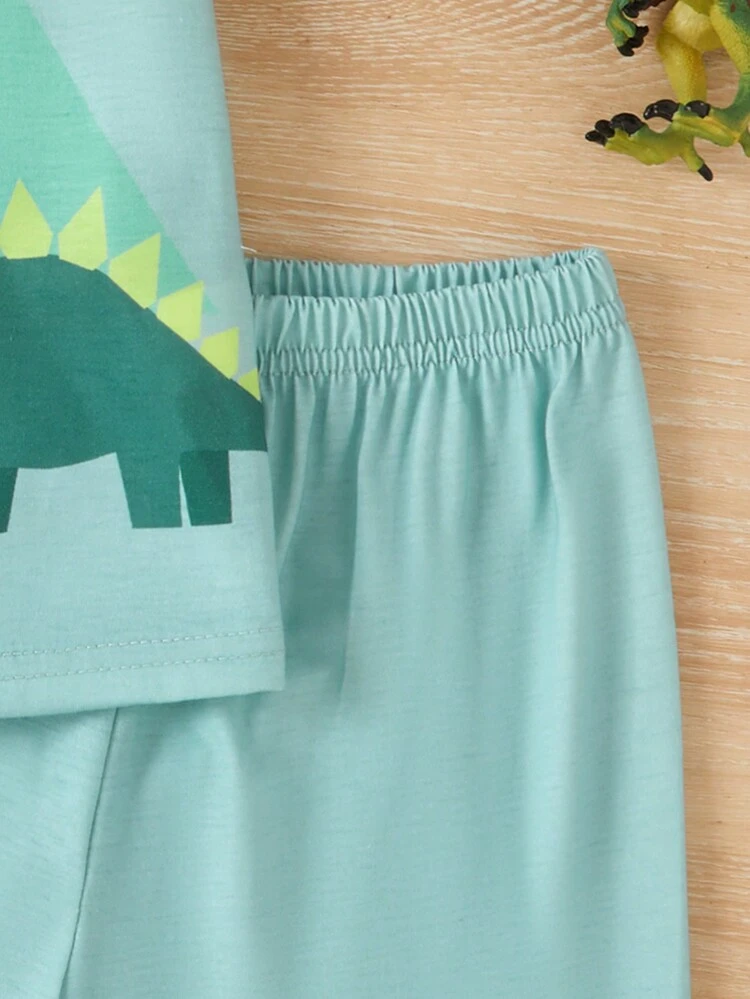 Young Boys' Mint Green Dinosaur Printed Short Sleeve T-Shirt And Shorts Set For Casual/ Homewear, Summer