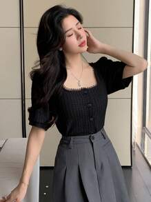 DAZY 女士纯色纹理面料方领短袖衬衫，适合夏季穿着，短袖上衣，可爱上衣 - 黑色 - 查看 6
