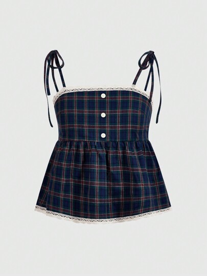 Academia Top camisero vintage con contraste a cuadros y encaje para el colegio, informal