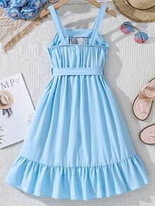 SHEIN Vestido De Tirantes Con Dobladillo De Volante Y Diseño Geométrico Para Niñas Preadolescentes - Celeste - Ver 2