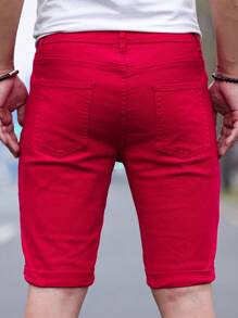 Manfinity Homme Men's Solid Color Ripped Denim Shorts Jorts - Red - View 2