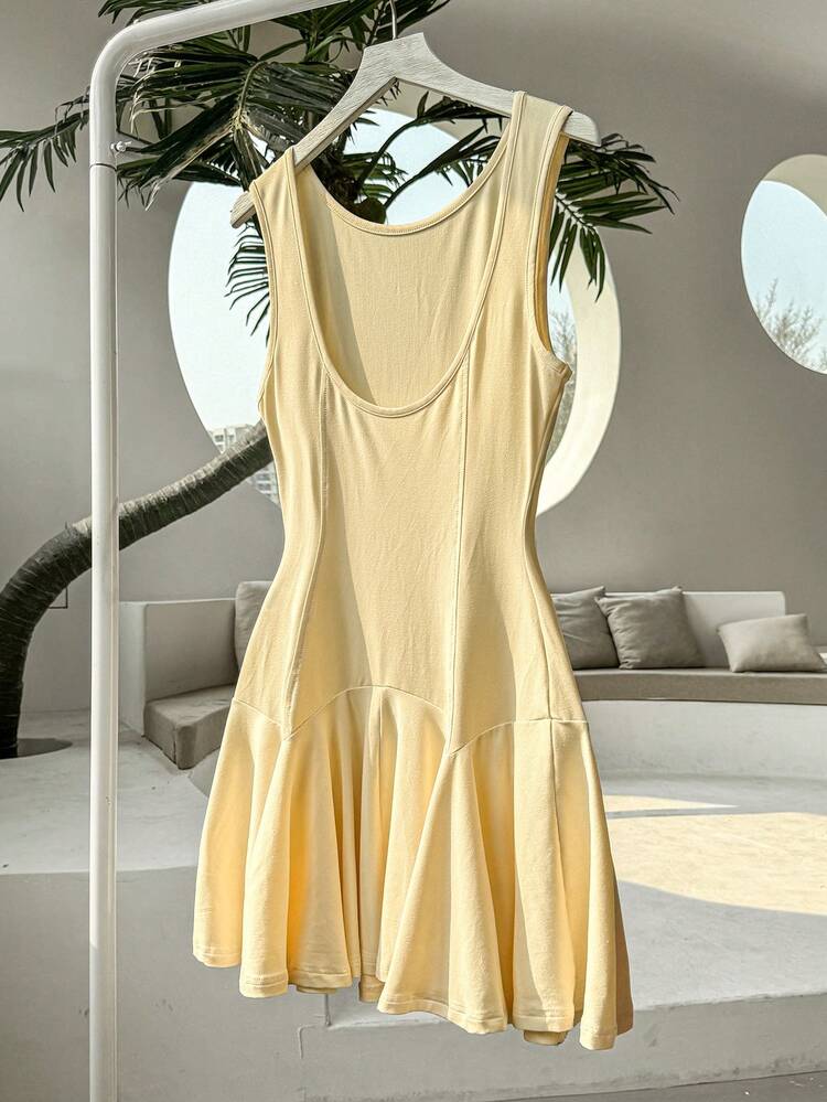 Women's Summer Solid Color Round Neck Sleeveless Ruffled Hem Dress