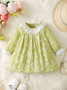 SHEIN Newborn Baby Girl Floral Ruffle Hem Long Sleeve Dress