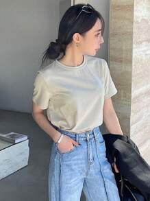 DAZY Solid Color Round Neck Casual Short Sleeve T-Shirt Sheer - Apricot - View 5
