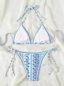 SHEIN Swim Clean Fit Halter Neck Bikini Set(Random Print) For Summer Beach Vacation