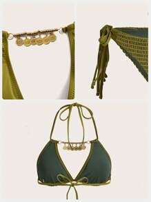 SHEIN Swim Conjunto de bikini de cuello de halter de un solo color para el verano - Verde - Ver 5