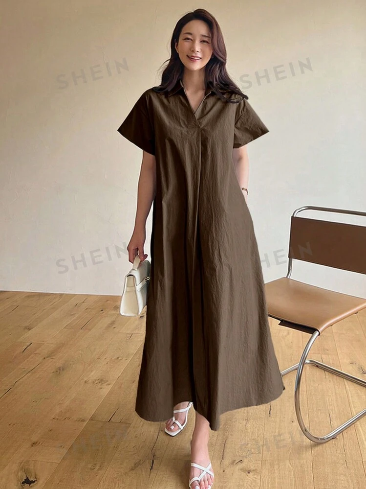 DAZY Solid Color Turn Down Collar Long Casual Dress SHEIN UK