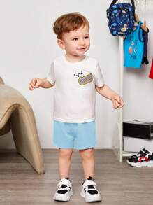 SHEIN Baby Boy's Letter & Crocodile Patterned Short Sleeve T-Shirt And Shorts Set - Blue - View 3